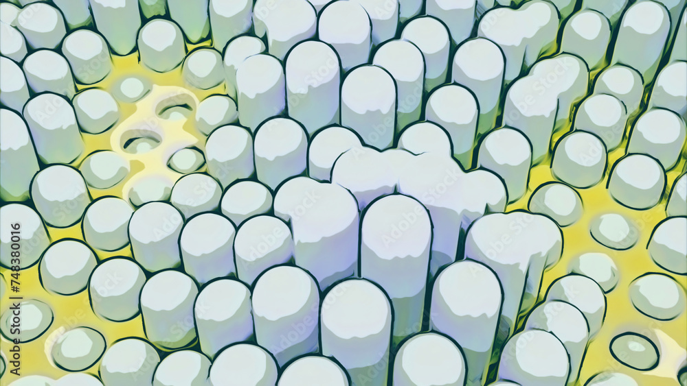 Poster surface with numerous repeating cylinders. design. isometric background with dynamic effect.