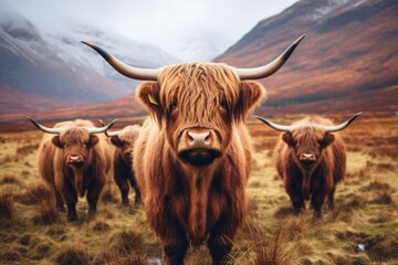 Majestic Ben Nevis: Highland Cows Roam Serenely on Trails Beneath Scotland's Tallest Mountain, Capturing the Essence of Scotland's Natural Beauty. - obrazy, fototapety, plakaty