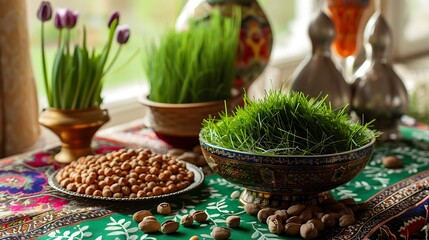 On the table there is a plate with green grass, nuts, Novruz Bayram holiday	 - obrazy, fototapety, plakaty