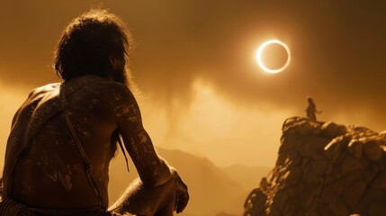 caveman observing an eclipse at its maximum point in a desert in high resolution
