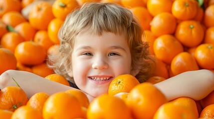 Fototapeta na wymiar Child among citrus fruits healthy tangerines and oranges generative ai