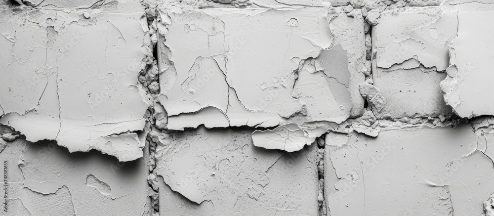 Sticker In this black and white textured background, the peeling paint reveals the weathered brick underneath. The partial clearance of plaster creates a rustic and aged aesthetic on the wall.