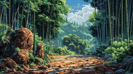 2-bit pixel art, edge of a bamboo forest, in the style of a 16-bit console