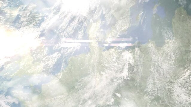Earth zoom in from space and focus on Elmshorn, Germany. 3D Animation. Satellite view. Background for travel intro. Images from NASA