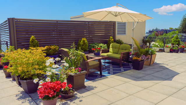 Patio furniture and umbrella, flanked by container garden on a bright summer day.