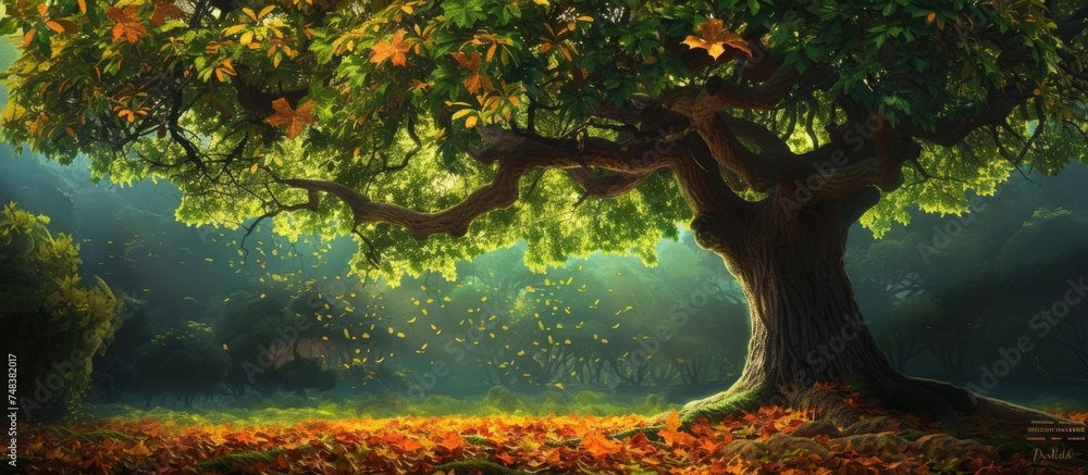 Poster a painting showcasing a tall and imposing tree standing in the midst of a dense forest. the tree is 