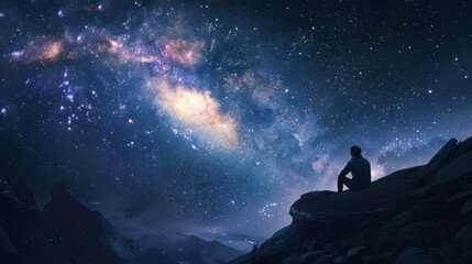 Obraz na płótnie Canvas caveman observing a galaxy in the night sky