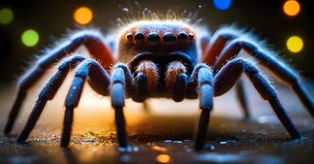 The mesmerizing eyes of a spider radiate with a captivating glow, as it navigates a shimmering environment, a spectacle of natural wonder. AI generation