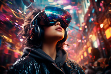Amazed young woman wearing virtual reality glasses surrounded by a futuristic city. Generative AI - obrazy, fototapety, plakaty