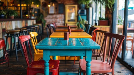 Fototapeta na wymiar Colorful Dining table in cafe restaurant retro vintage 1980 style interior generative ai