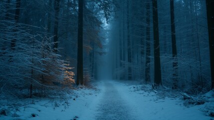 Snow Covered Path in Tall Trees Forest