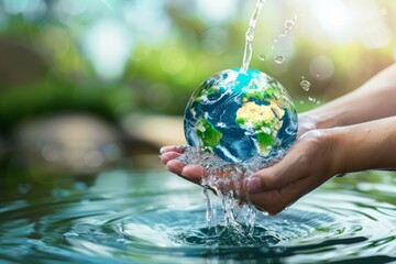 Hands holding Earth globe with water splashes against green foliage