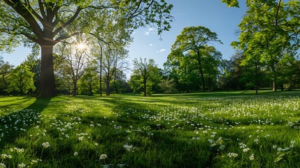 trees in the park.  field in spring. Panorama of the spring park