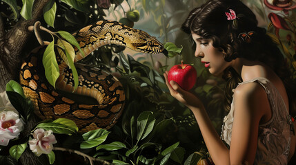 Ewa kuszona przez węża w rajskim ogrodzie trzymająca zerwane jabłko  - obrazy, fototapety, plakaty
