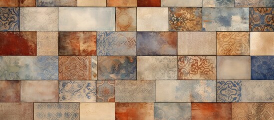 A wall constructed using an assortment of different colored tiles, creating a vibrant and eye-catching pattern. The tiles are arranged in a rustic and digital design,