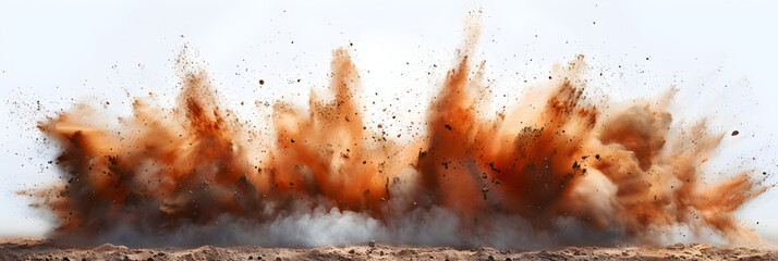 Dry soil explosion isolated on a white background, Sandstorm, a cloud of dust or sand,  - obrazy, fototapety, plakaty