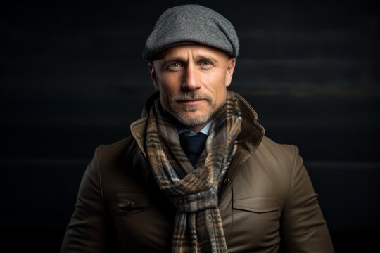 Handsome senior man wearing a hat and scarf over black background.