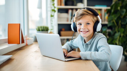 A young student engages with a laptop wearing headphones, likely participating in online learning at home, a modern shift in education
