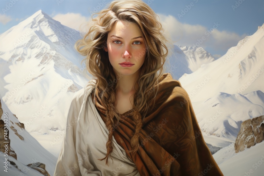 Poster independent mountain white woman. young portrait. generate ai