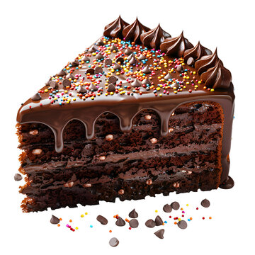 A 3D animated cartoon render of a delicious chocolate cake topped with colorful sprinkles.