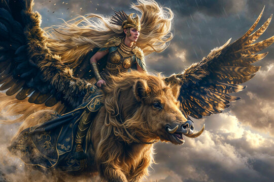 The goddess Freyja riding her golden boar Hildisvíni, Norse mythology
