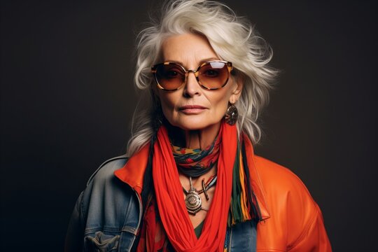 Fashionable senior woman in red scarf and sunglasses. Studio shot.