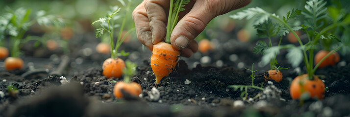 A close-up of a person picking carrots from a patch,
Planting plants on a vegetable bed in the garden cultivated land close - obrazy, fototapety, plakaty