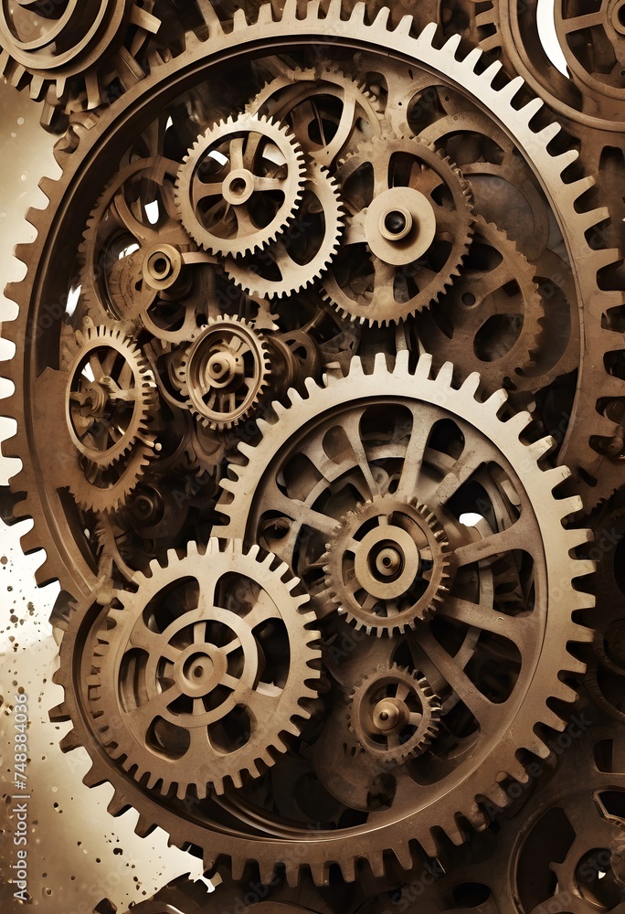 Poster a complex array of clockwork gears illustrates the intricate beauty of mechanical design and the pas