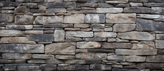 Obraz premium A black and white photograph showcasing a detailed stone wall with a variety of textures and patterns. The wall appears sturdy and well-built, creating a sense of strength and history.