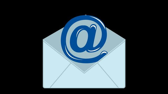 video animation correspondence letter with an at sign or arroba symbol, as an e-mail concept. On a transparent background with zero alpha channel