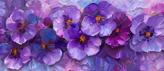 A painting showcasing beautiful purple flowers in full bloom against a solid purple background. The vibrant colors of the flowers pop against the soft lavender backdrop, creating a visually striking - obrazy, fototapety, plakaty