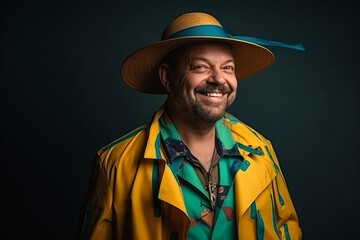 Portrait of a happy senior man in a yellow raincoat and hat