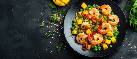 A black plate is presented with small cooked pink shrimps arranged neatly on top of millet pilaf, accompanied by green peas, red peppers, and mango chunks. The scene is captured from an overhead