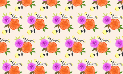 Seamless spring pattern with rose flowers. Vector floral colorful pattern on beige background	
