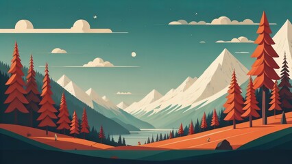 Vector art style of mountain forest pine tree with snow