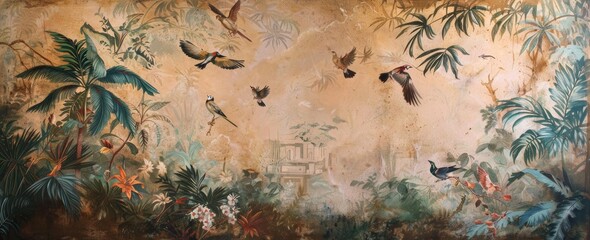 Wallpaper of a jungle landscape in old retro style.