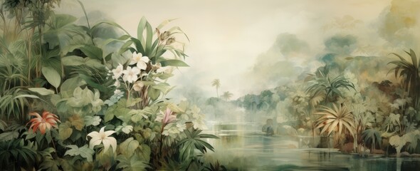 Obraz na płótnie Canvas Wallpaper of a jungle landscape in watercolor style.