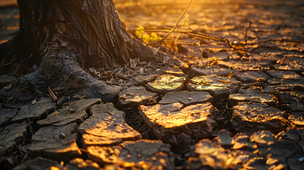 Fototapeta premium Dry cracked soil with dead trees and heat wave, global warming concept