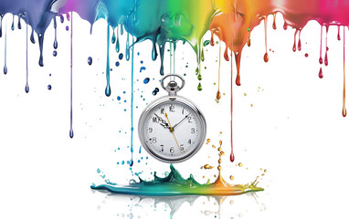 Surrealist Masterpiece Pocket Watch in Rainbow Isolated on Transparent Background.