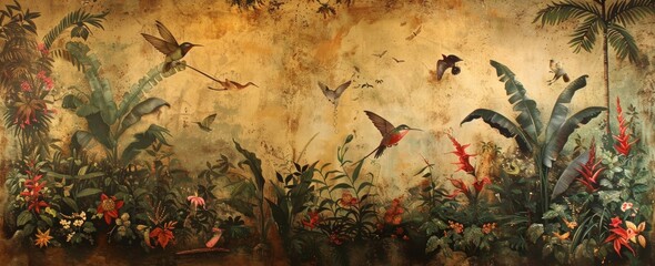 Wallpaper of a jungle landscape in old retro style.