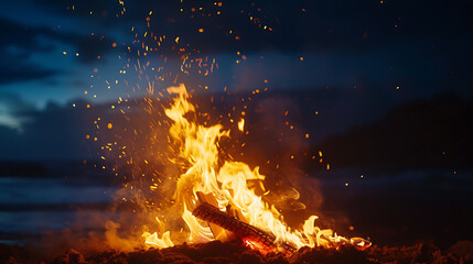 Beach bonfire party with flames dancing against a backdrop of starry skies and crashing waves - obrazy, fototapety, plakaty