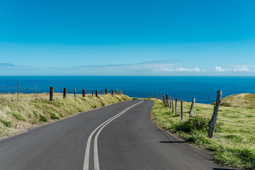 Kahekili Hwy, Wailuku, Maui Hawaii.  Seaside cliff country road, pasture.