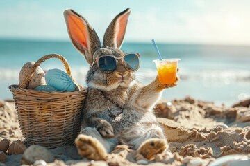 Cool Easter bunny on vacation on the beach with a cocktail.