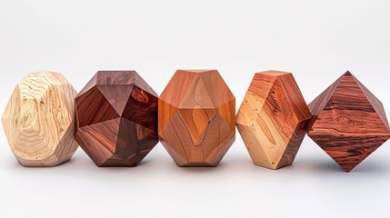 Array of Polished Geometric Wooden Shapes on a White Backdrop