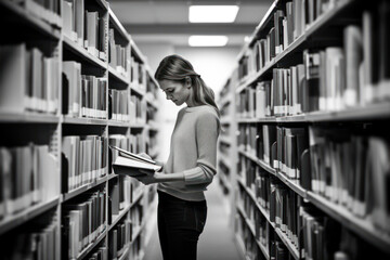 The Enlightened Scholar: A Beautiful Young Woman Standing in a University Library, Holding Books and Embracing Knowledge