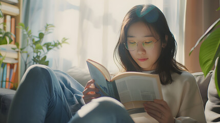 Asian school girl sitting and reading English book in study room, language learning concept