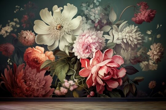 Large-scale Mural flower paint. Garden summer branch. Generate Ai