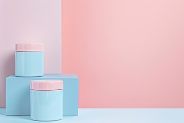 Delicate cosmetic packaging on a soft pastel background Highlighting pale pink and blue containers. this image is ideal for beauty product branding Emphasizing elegance and soft beauty aesthetics