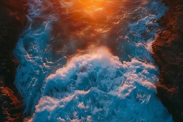 Drone view of a dramatic ocean wave crashing against a rocky shore at sunset
