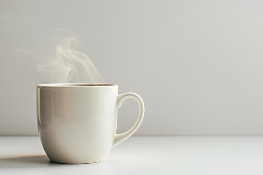 Elegant coffee mug on a pristine white surface Steam rising from freshly brewed coffee. this image Capturing the simplicity and beauty of morning rituals Is perfect for design elements and culinary 